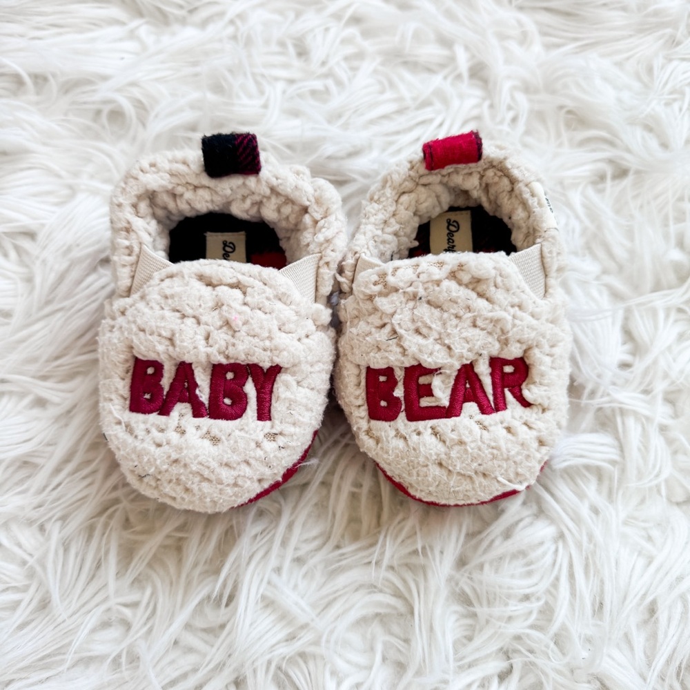 Dearfoams Baby Bear Fleece Slippers Red Cream 6-9M